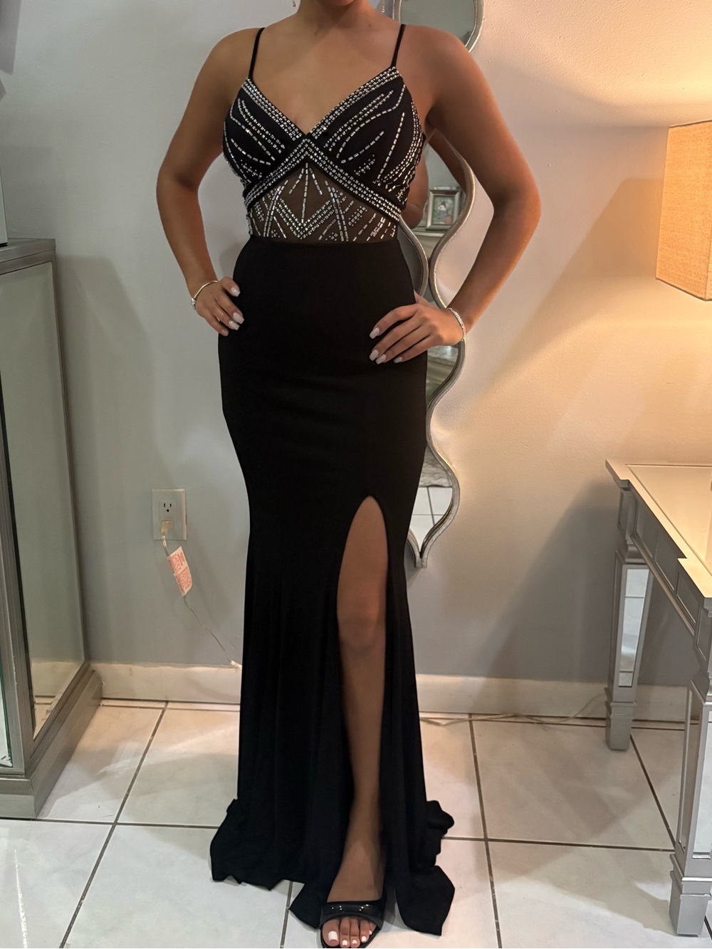 Black Beaded Prom Gown with Thigh Slit